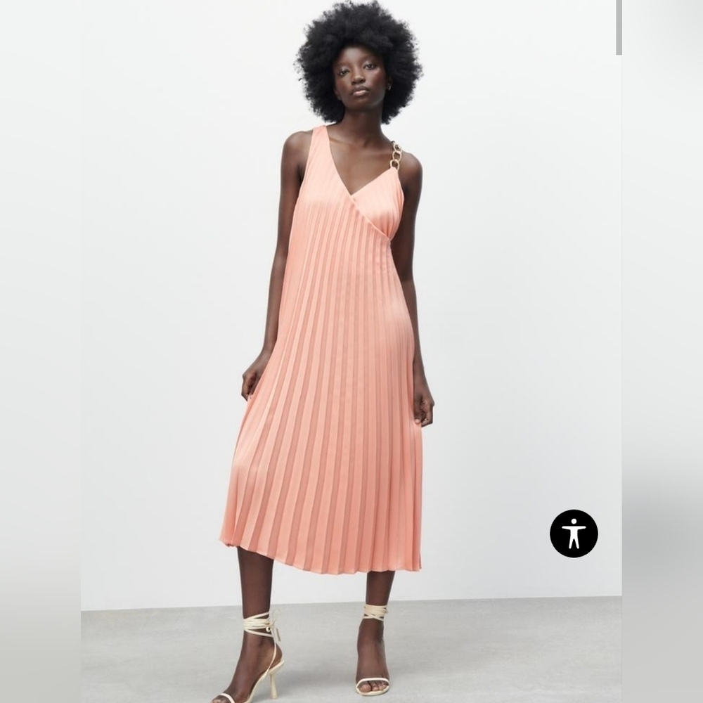 Zara orange chain strap pleated dress